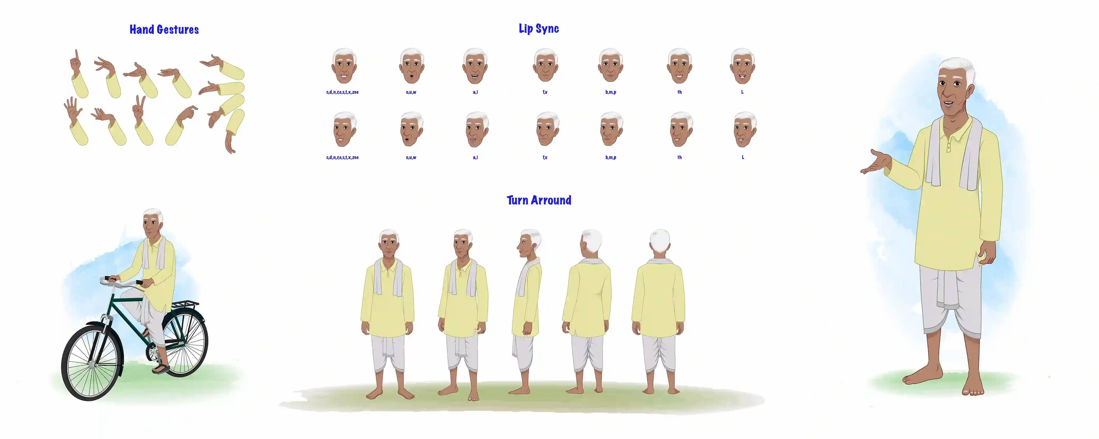 An old Indian man animated vector cartoon character model sheet AKA Ramakrishna