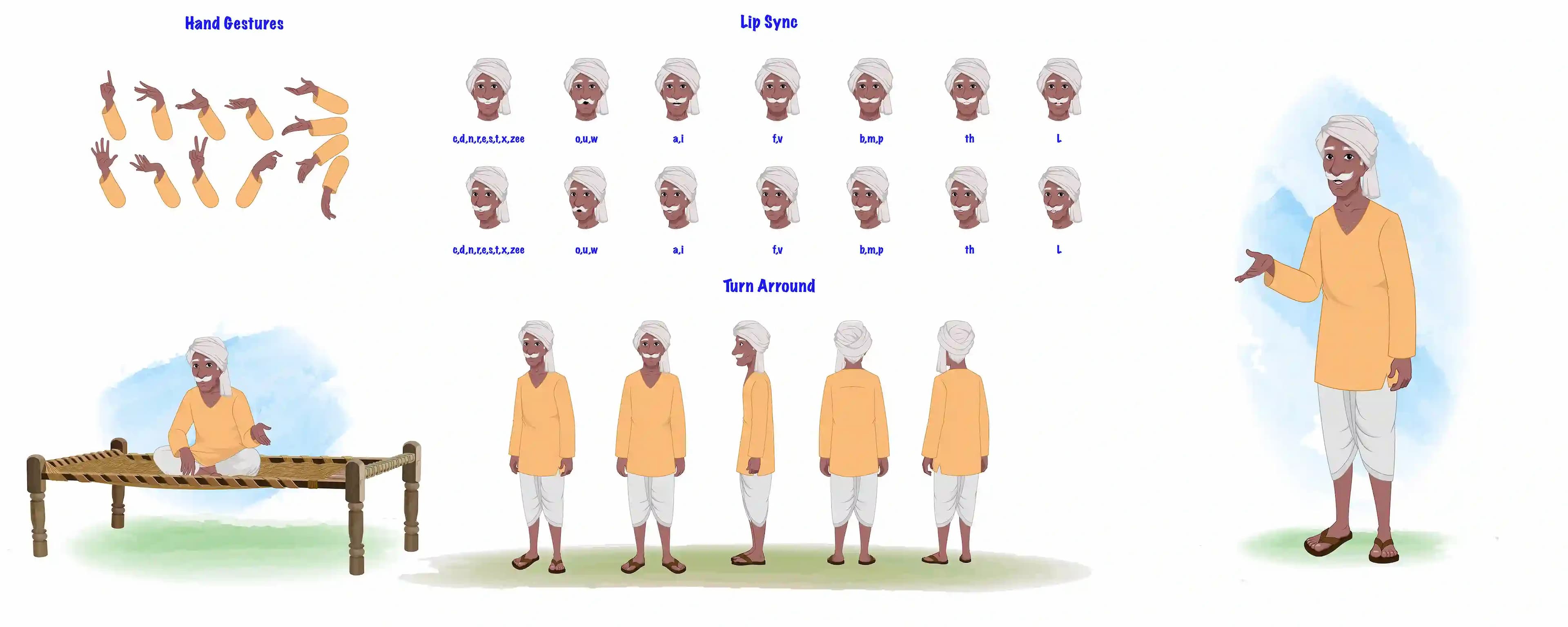 An old Indian village man animated vector cartoon character model sheet, turnaround pose hand gesture and lip-sync set AKA Ram Prasad