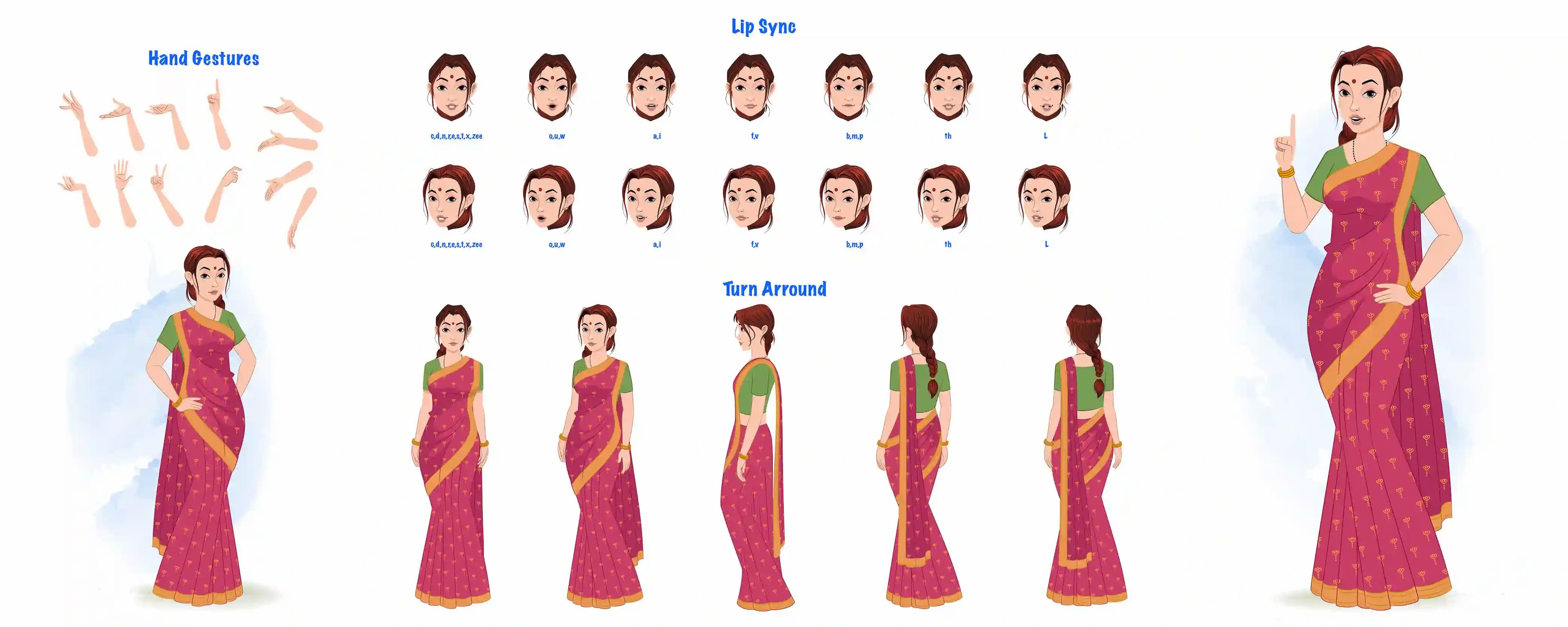 A beautiful Indian woman cartoon character construction/model sheet aka preet