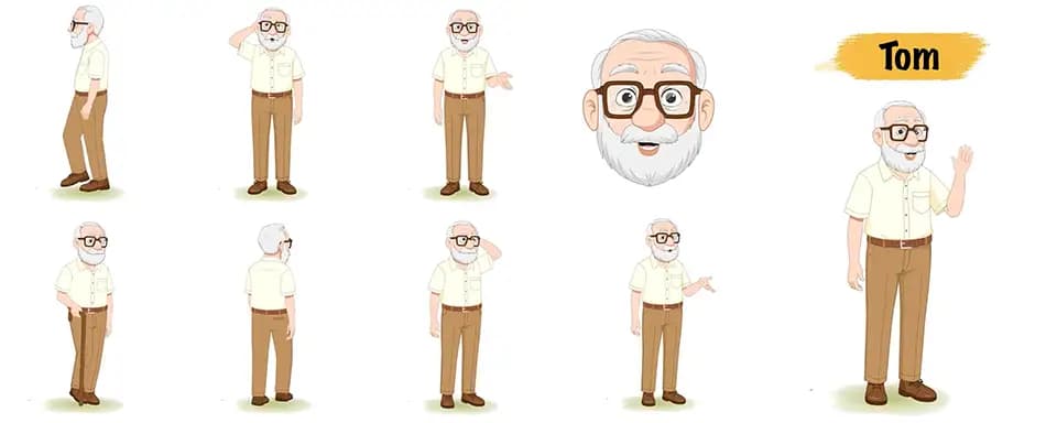 An old man animated vector cartoon character model sheet AKA Tom