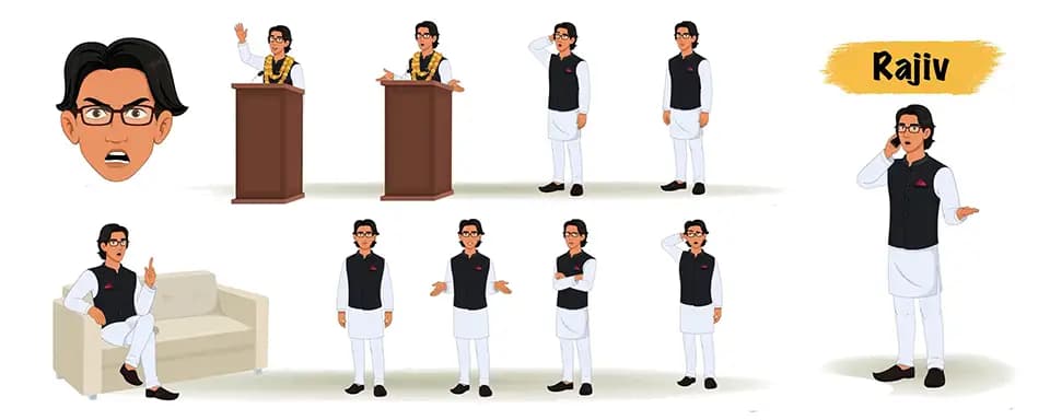 An Indian Politician animated vector cartoon character model sheet AKA Rajiv