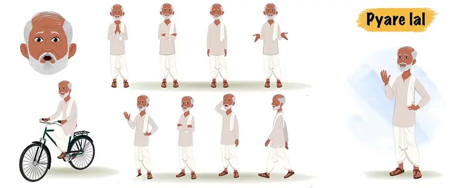 An old village man animated vector cartoon character model sheet AKA Pyare Lal