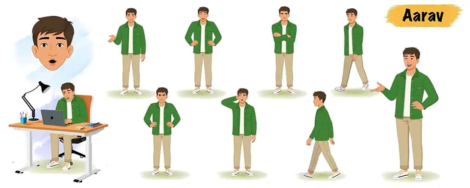 A young man animated vector cartoon character model sheet