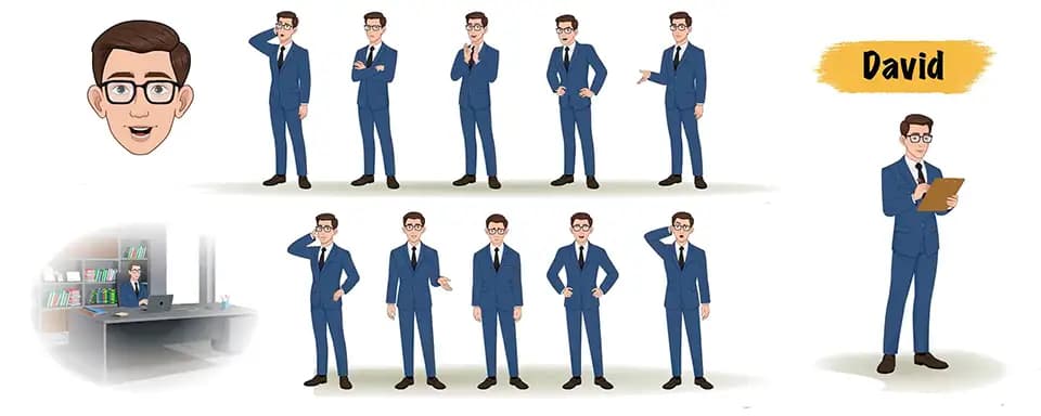 A businessman in blue suit animated vector cartoon character model sheet AKA David