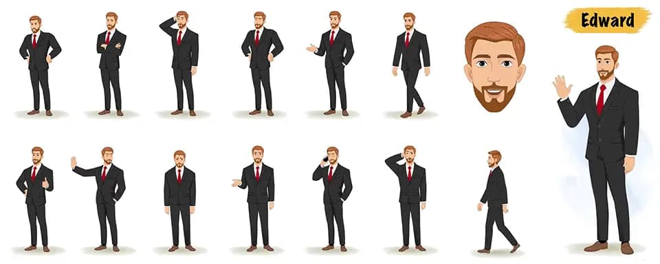A handsome businessman animated vector cartoon character model sheet AKA Edward