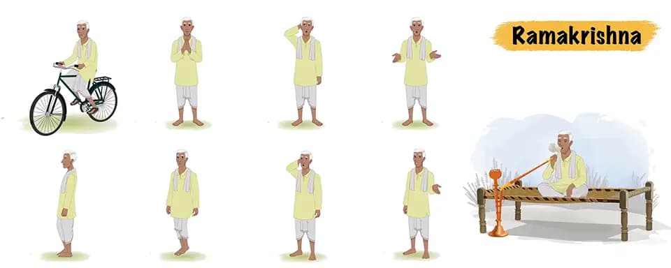 An old Indian man animated vector cartoon character model sheet AKA Ramakrishna