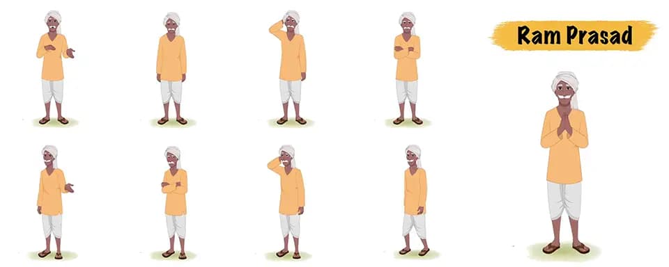 An old Indian village man animated vector cartoon character model sheet AKA Ram Prasad