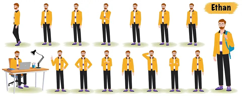 An employee vector animated cartoon character model-sheet AKA Ethan