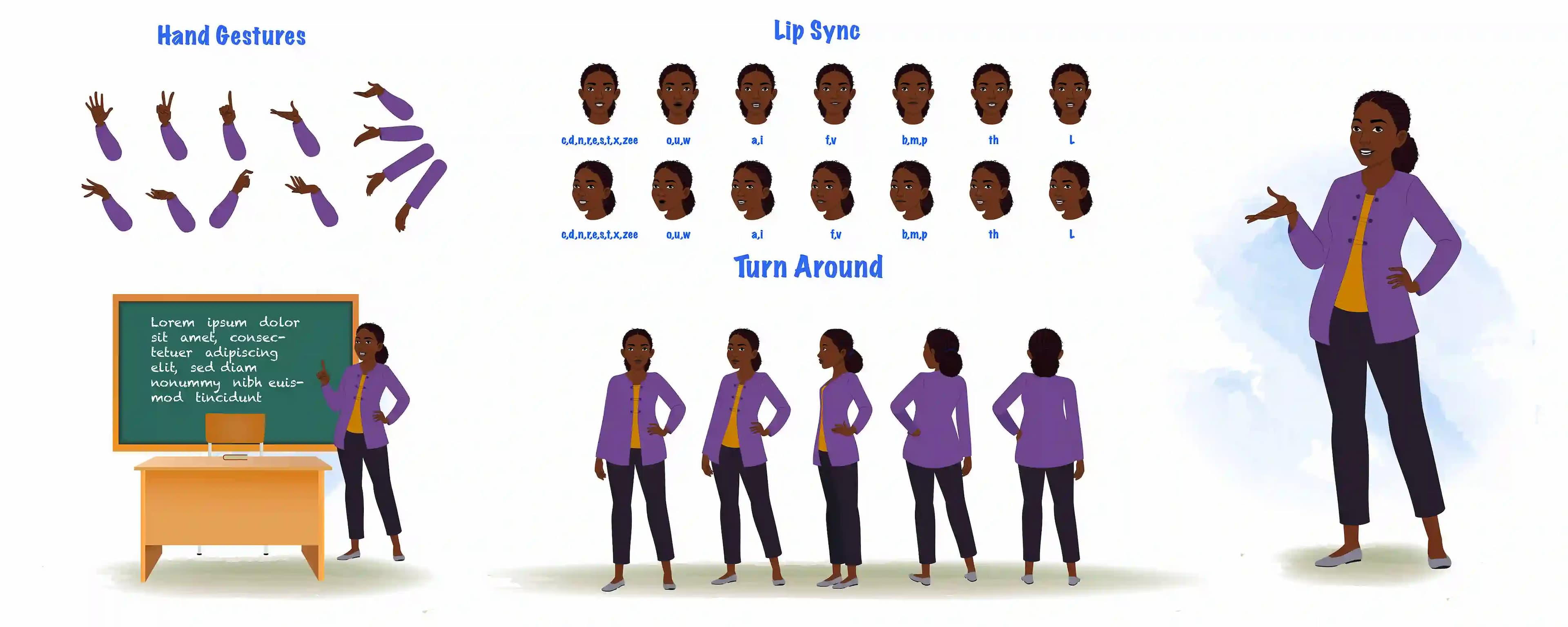 A black female teacher cartoon character construction/model sheet aka miss luna