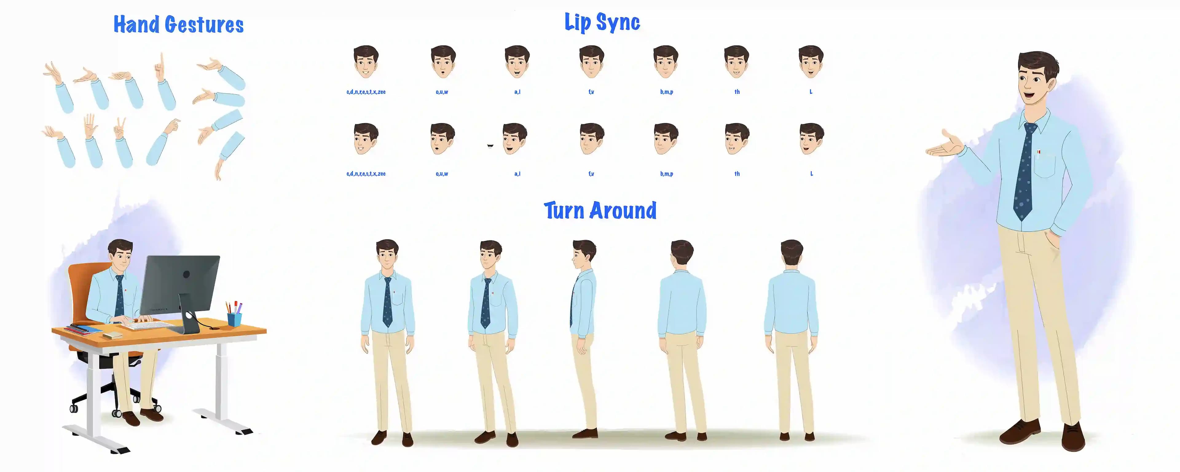 An office worker cartoon character construction/model sheet aka Jake