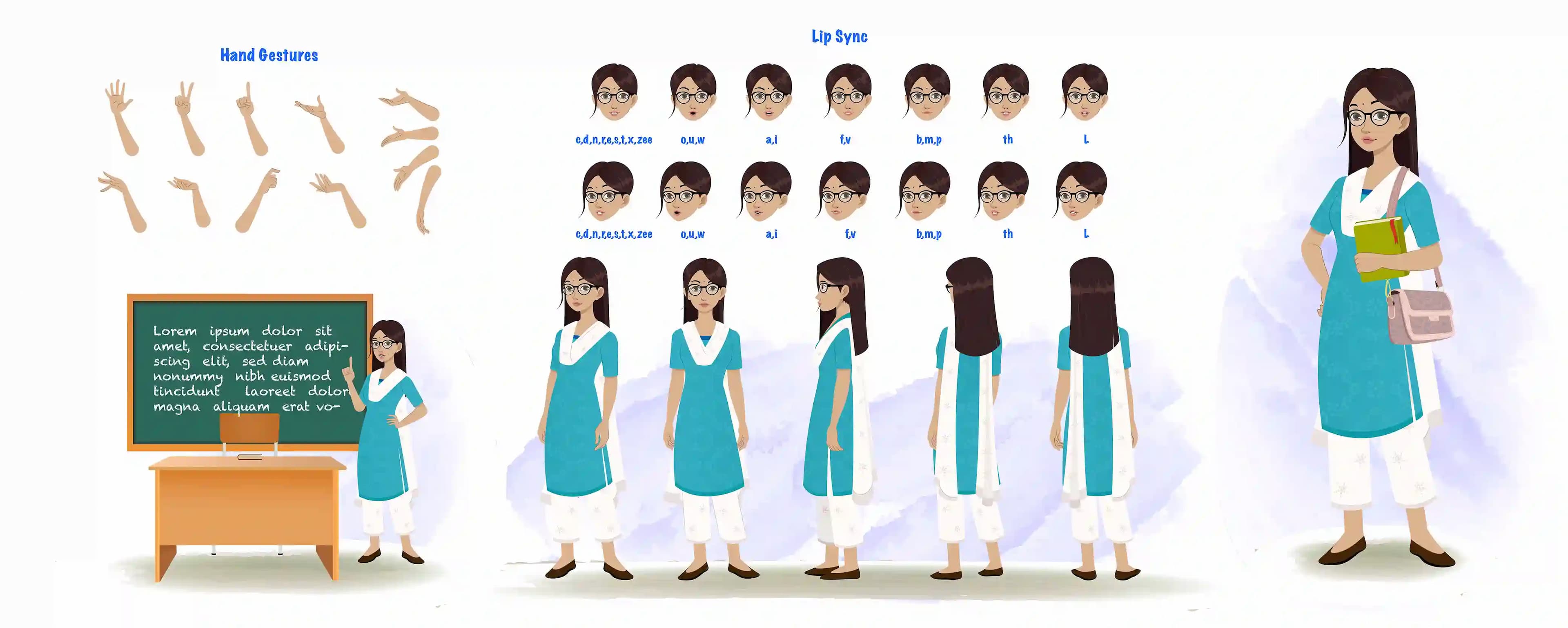 An Indian female teacher cartoon character construction/model sheet aka miss lata