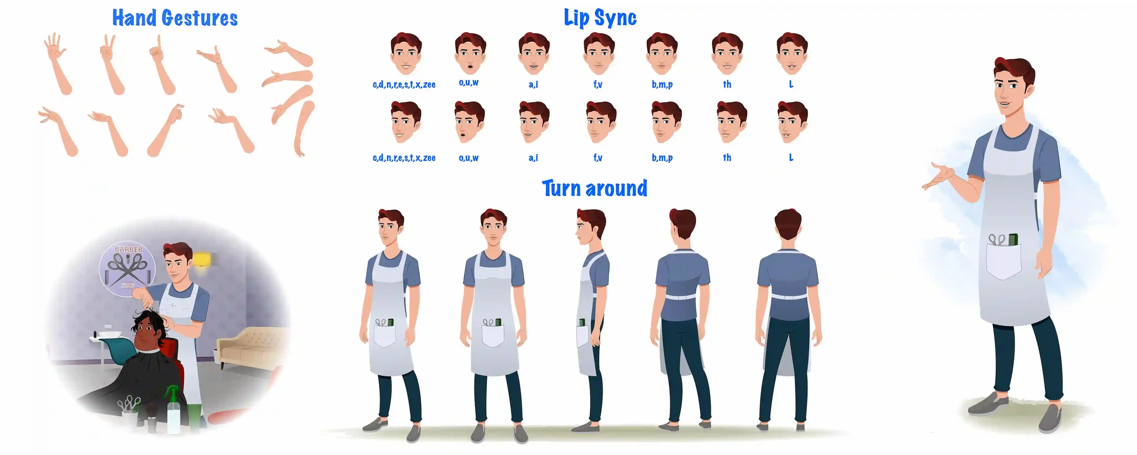A barber cartoon character construction/model sheet aka Kai