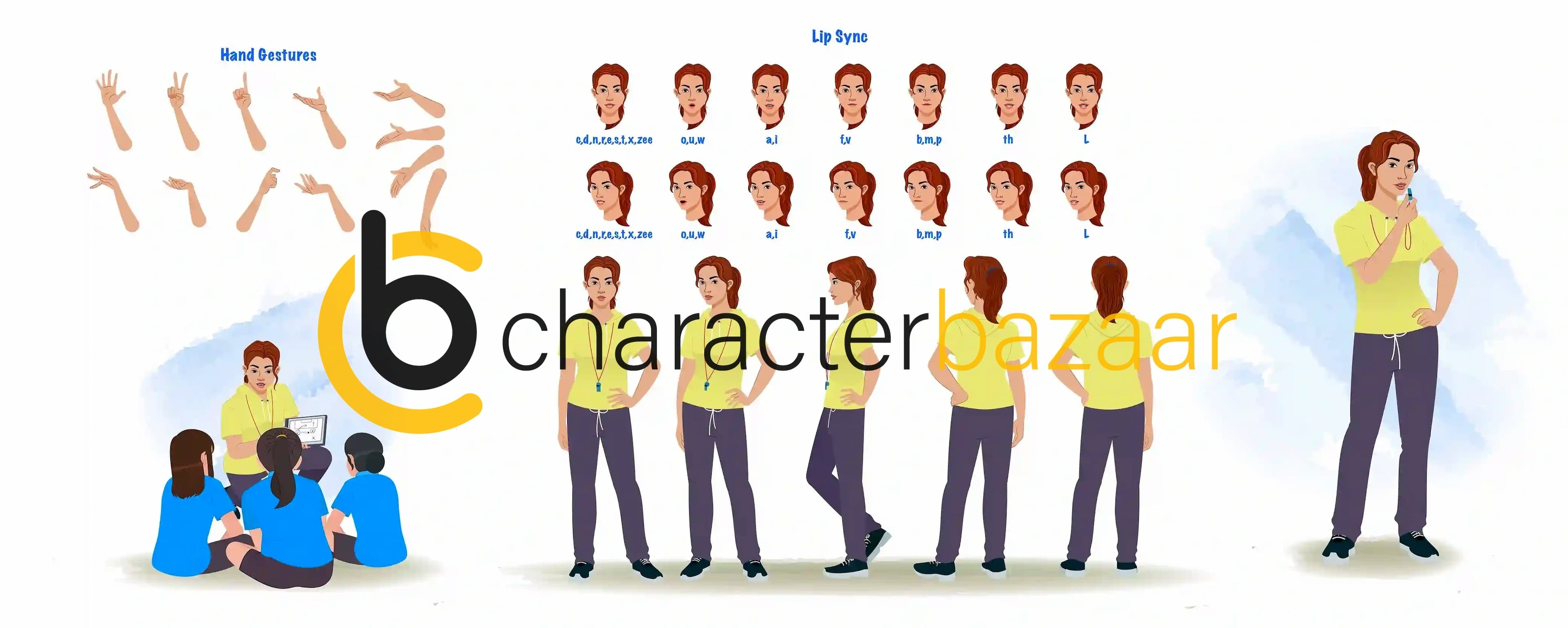 A female physical teacher cartoon character construction/model sheet aka miss mansi