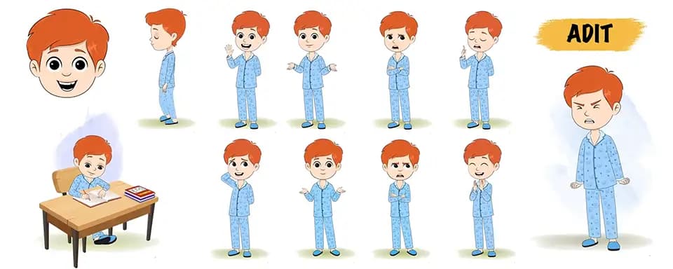 Boy in night dress animated vector cartoon character model sheet AKA Adit