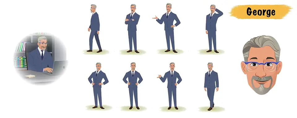 Businessman animated vector cartoon character model sheet AKA George