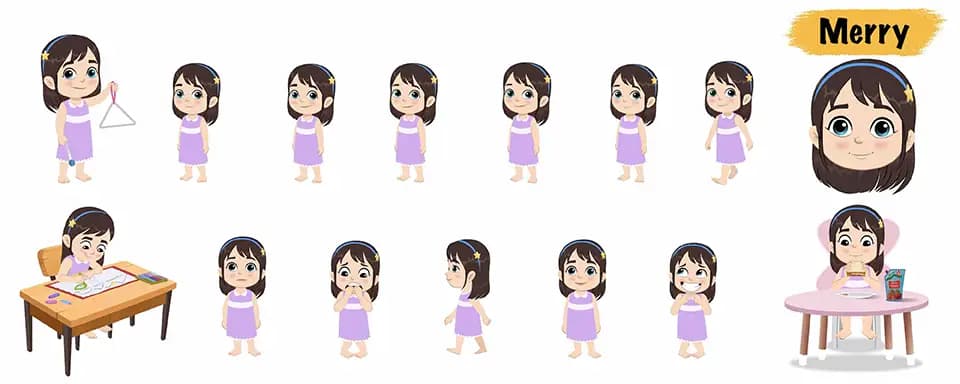 Little girl animated vector cartoon character model sheet AKA Merry
