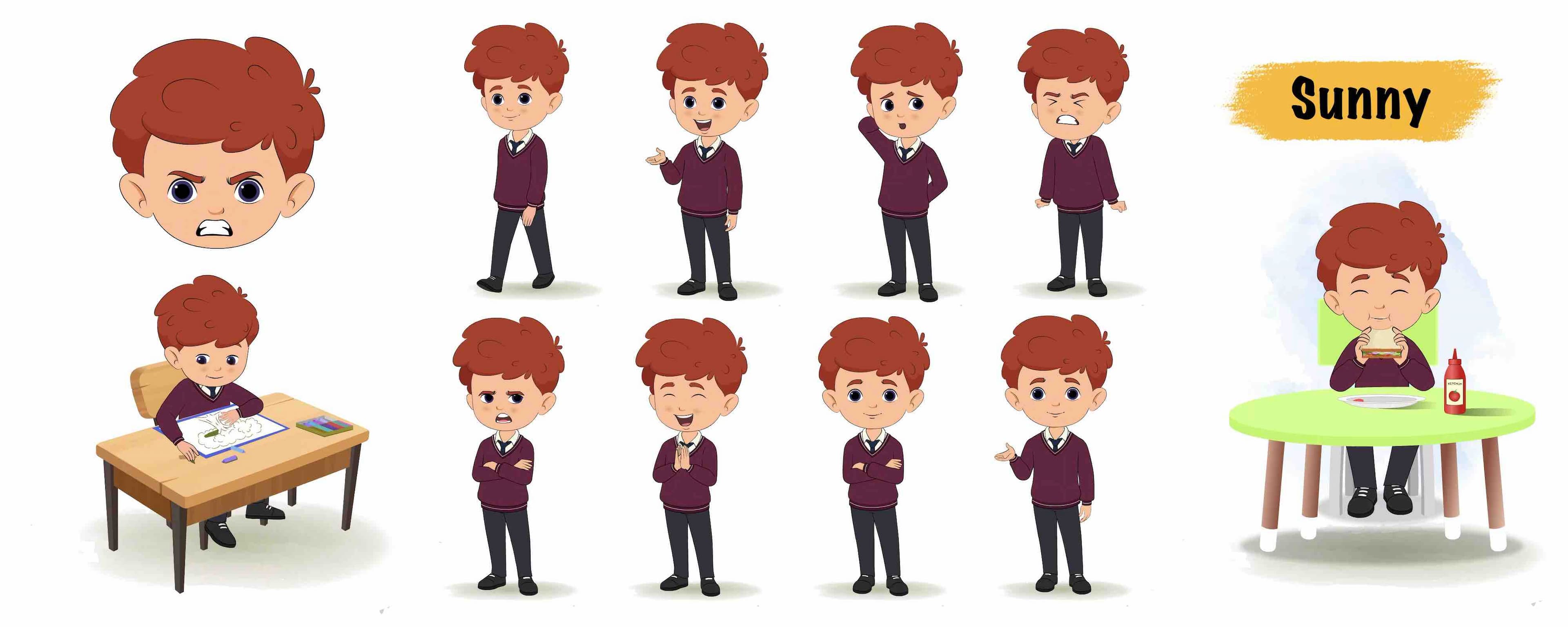 Red hair boy animated vector cartoon character model sheet AKA Sunny