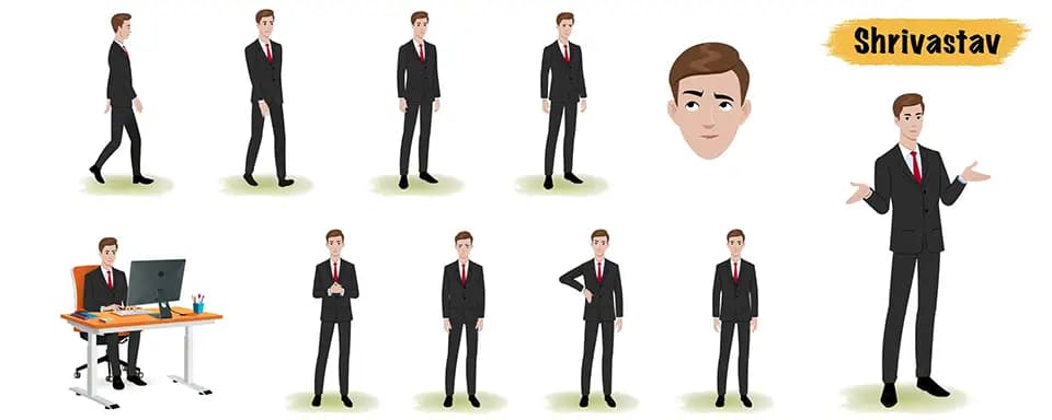 Indian businessman animated vector cartoon character model sheet AKA Shrivastav