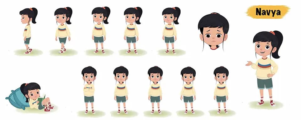 Cute little girl animated vector cartoon character model sheet AKA Navya