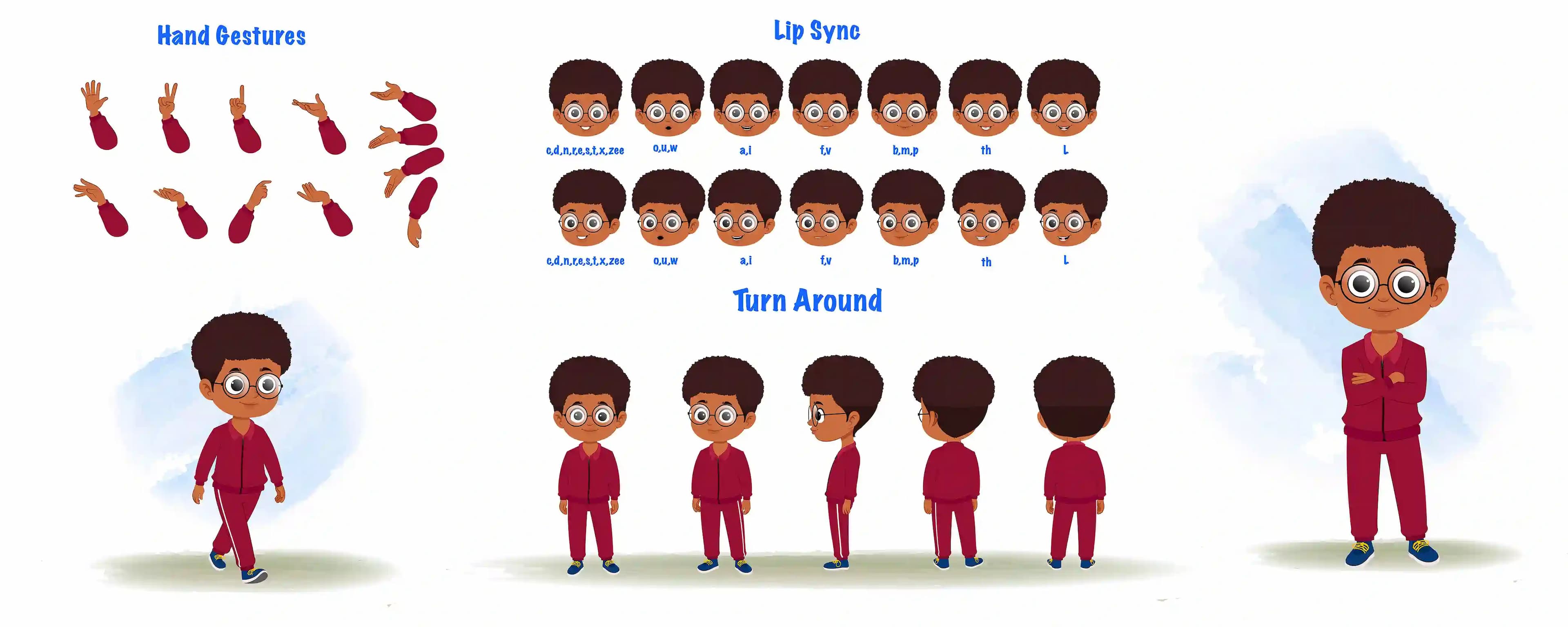 A cute black boy cartoon character construction/model sheet aka advik