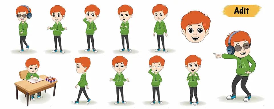 Smart boy animated vector cartoon character model sheet AKA Adit