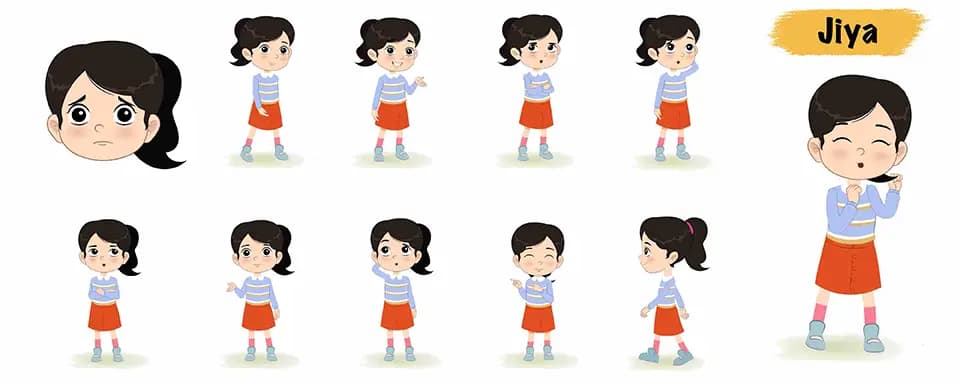 Little Indian girl animated vector cartoon character model sheet AKA Jiya