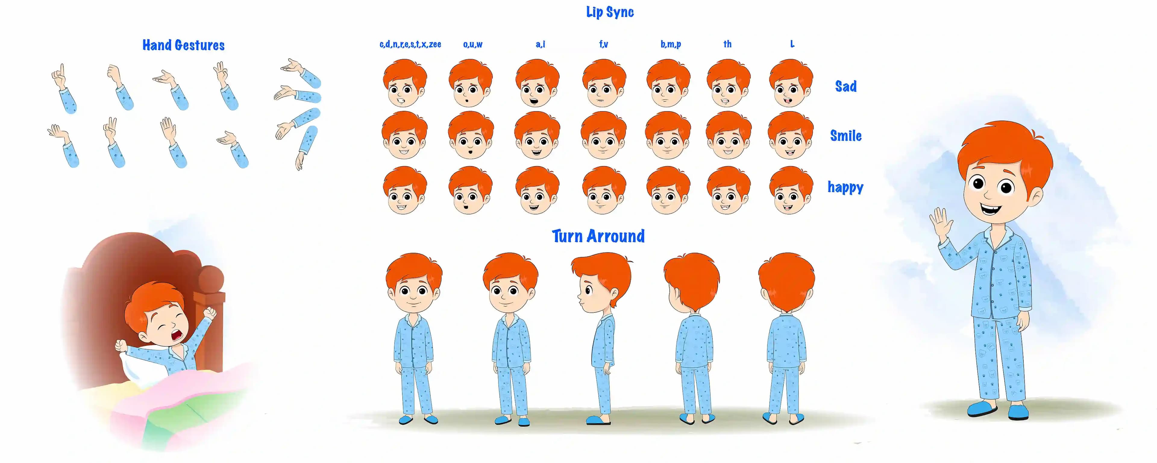 A boy in night dress cartoon character construction/model sheet AKA adit