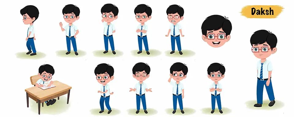 School boy animated vector cartoon character model sheet AKA Daksh