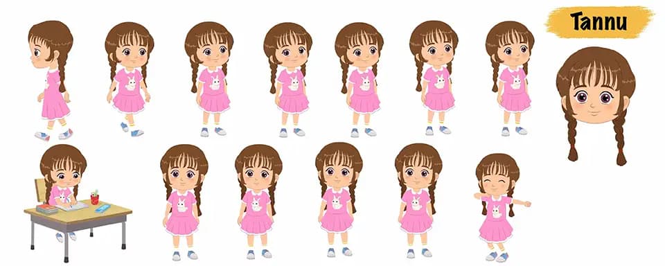 Cute girl animated vector cartoon character model sheet AKA Tannu