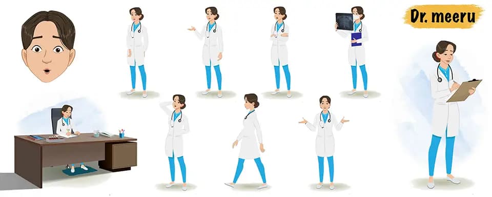 Female doctor radiologist animated vector cartoon character model sheet AKA Dr Meeru