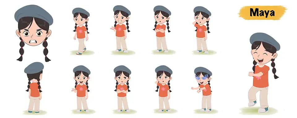 Cute girl animated vector cartoon character model sheet AKA Maya