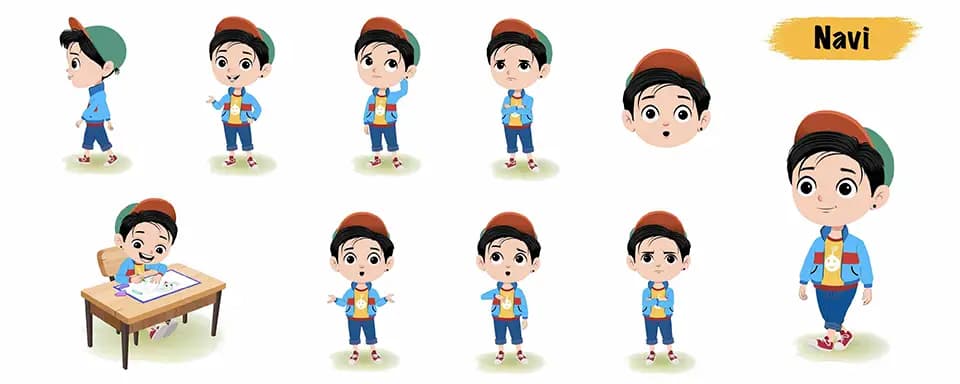Stylish boy animated vector cartoon character model sheet AKA Navi
