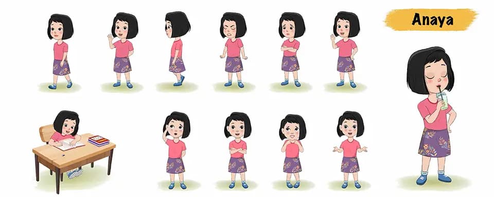 Little girl animated vector cartoon character model sheet AKA Anaya