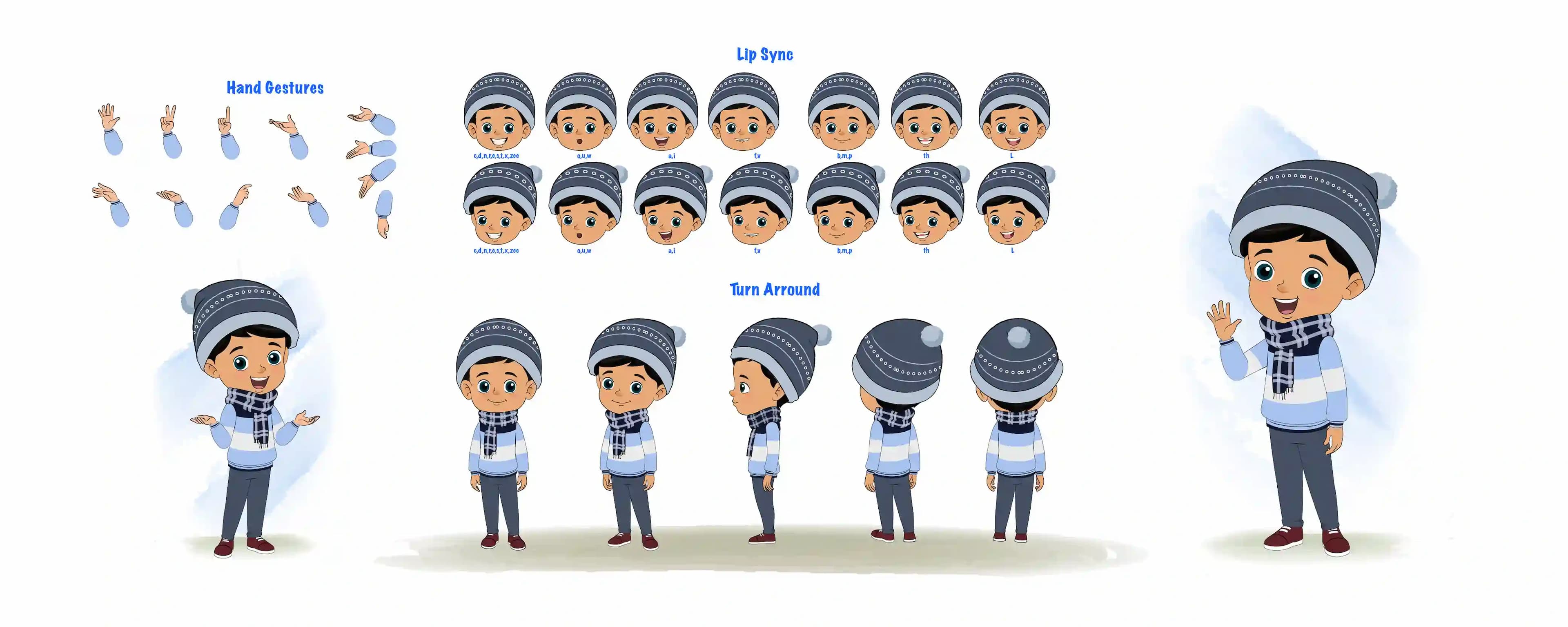 A cute boy cartoon character construction/model sheet aka rohan