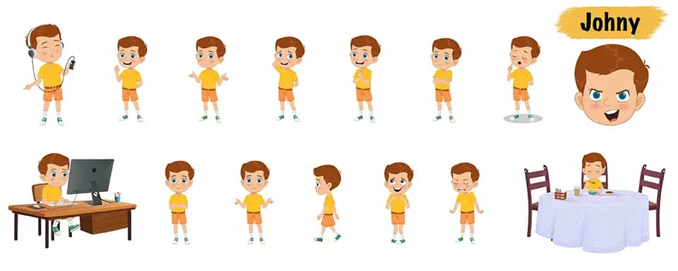 Little boy animated vector cartoon character model sheet AKA Johny
