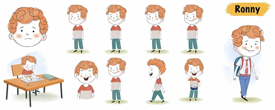 Boy animated vector cartoon character model sheet AKA Ronny
