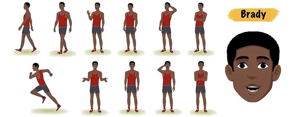Athlete man animated vector cartoon character model sheet AKA Brady