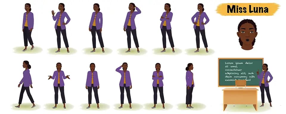 Black female teacher animated vector cartoon character model sheet AKA Miss luna