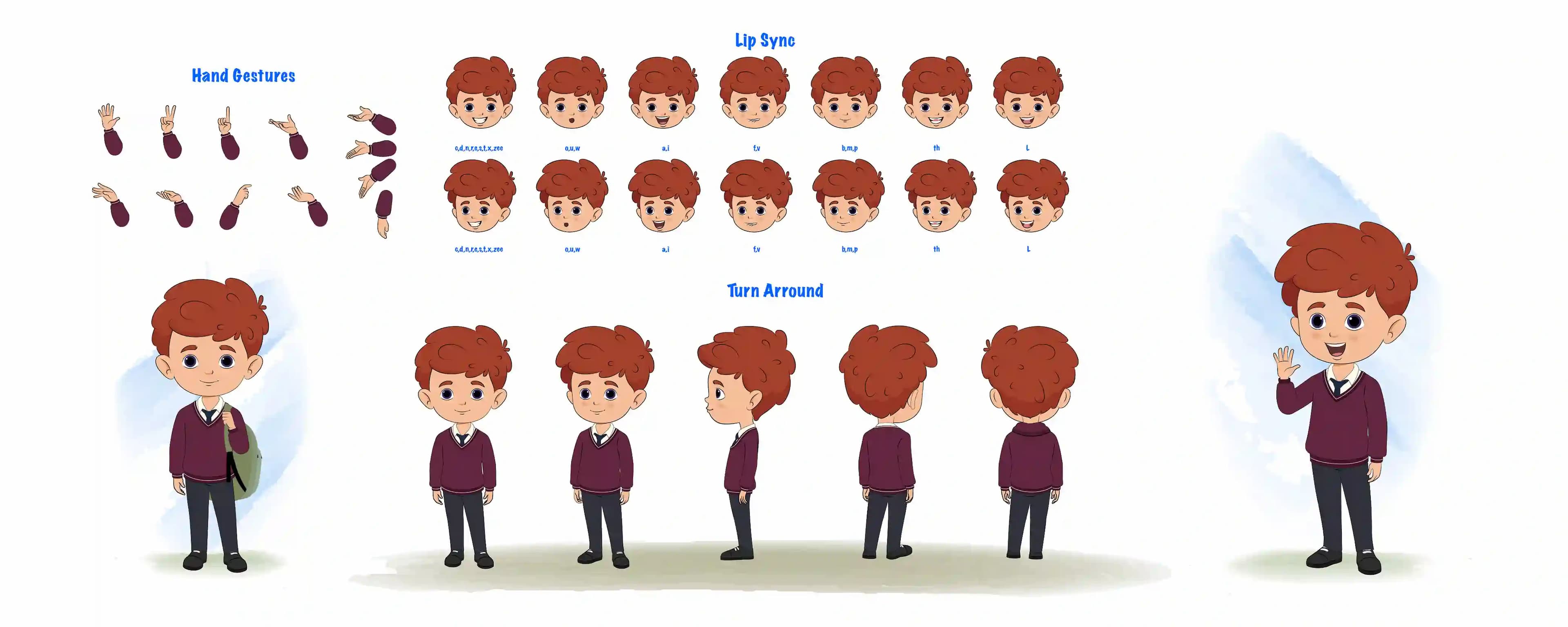 A red hair boy cartoon character construction/model sheet aka sunny