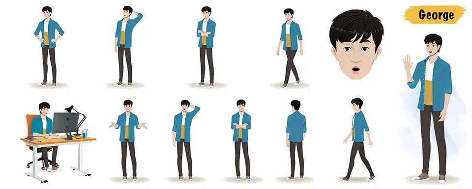 Korean man animated vector cartoon character model sheet AKA George
