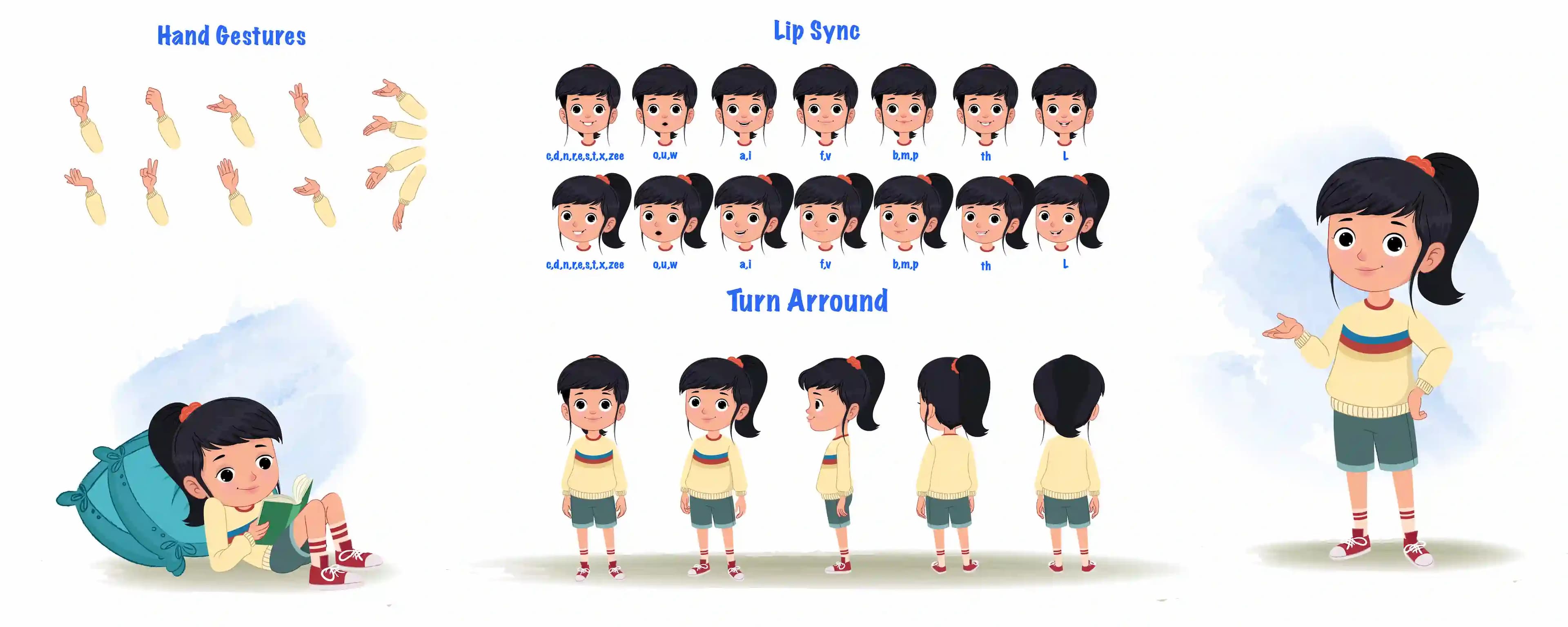 A cute little girl cartoon character construction/model sheet aka navya