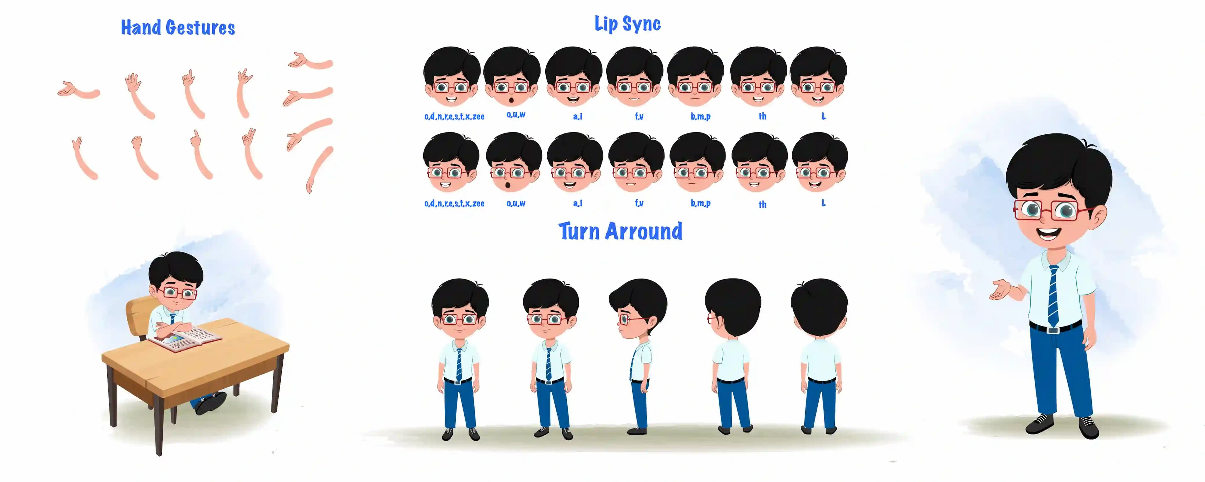 A school boy cartoon character construction/model sheet aka daksh