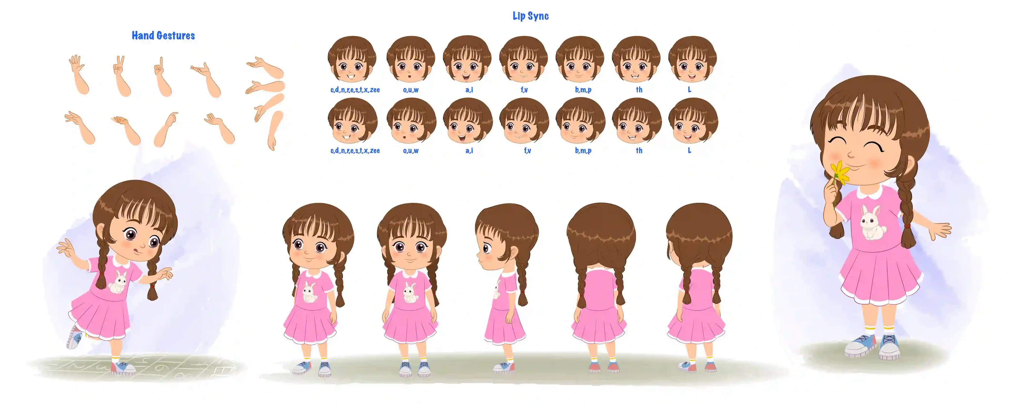 A cute girl cartoon character construction/model sheet aka tannu