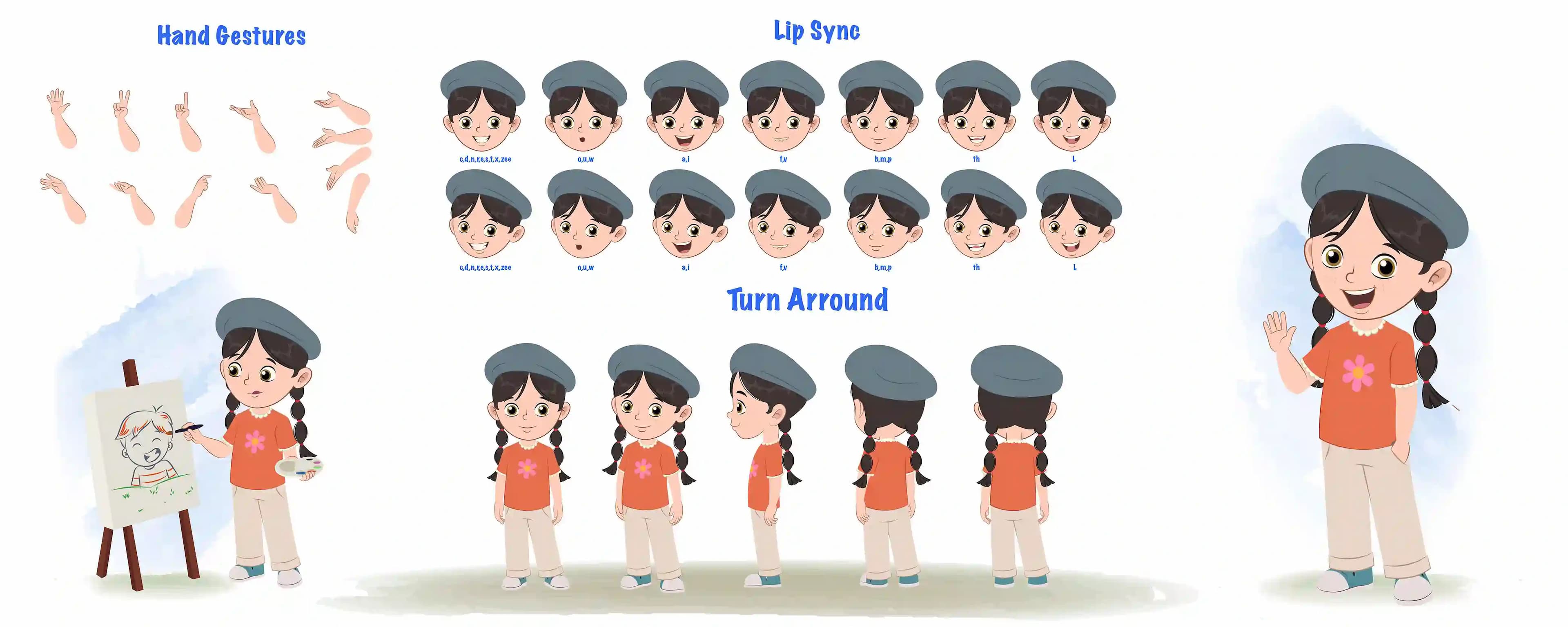 A cute girl cartoon character construction/model sheet aka maya