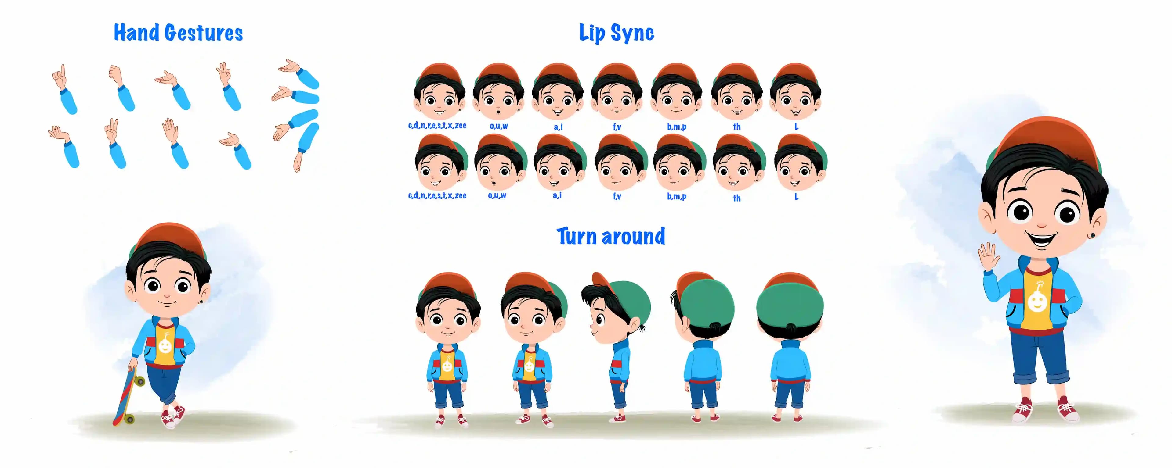 A stylish boy cartoon character construction/model sheet aka navi