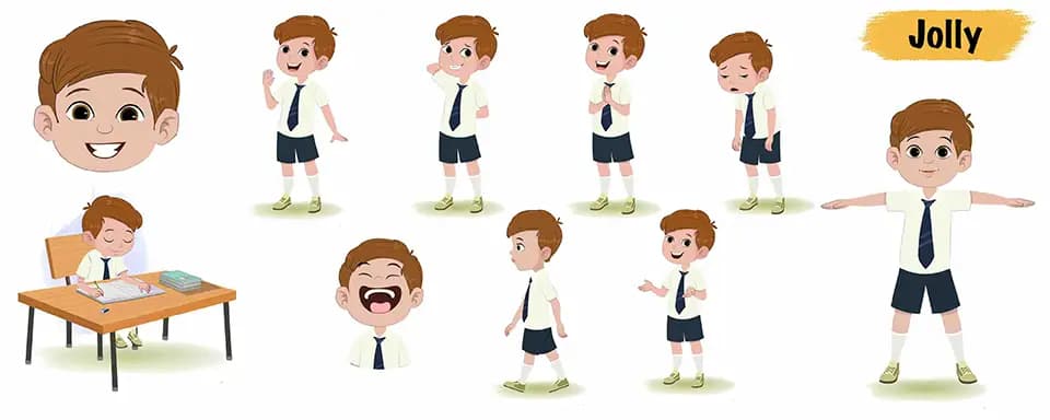 Boy animated vector cartoon character model sheet AKA Jolly