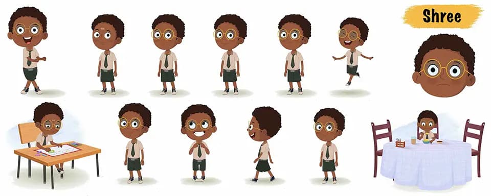 African school boy animated vector cartoon character model sheet AKA Shree