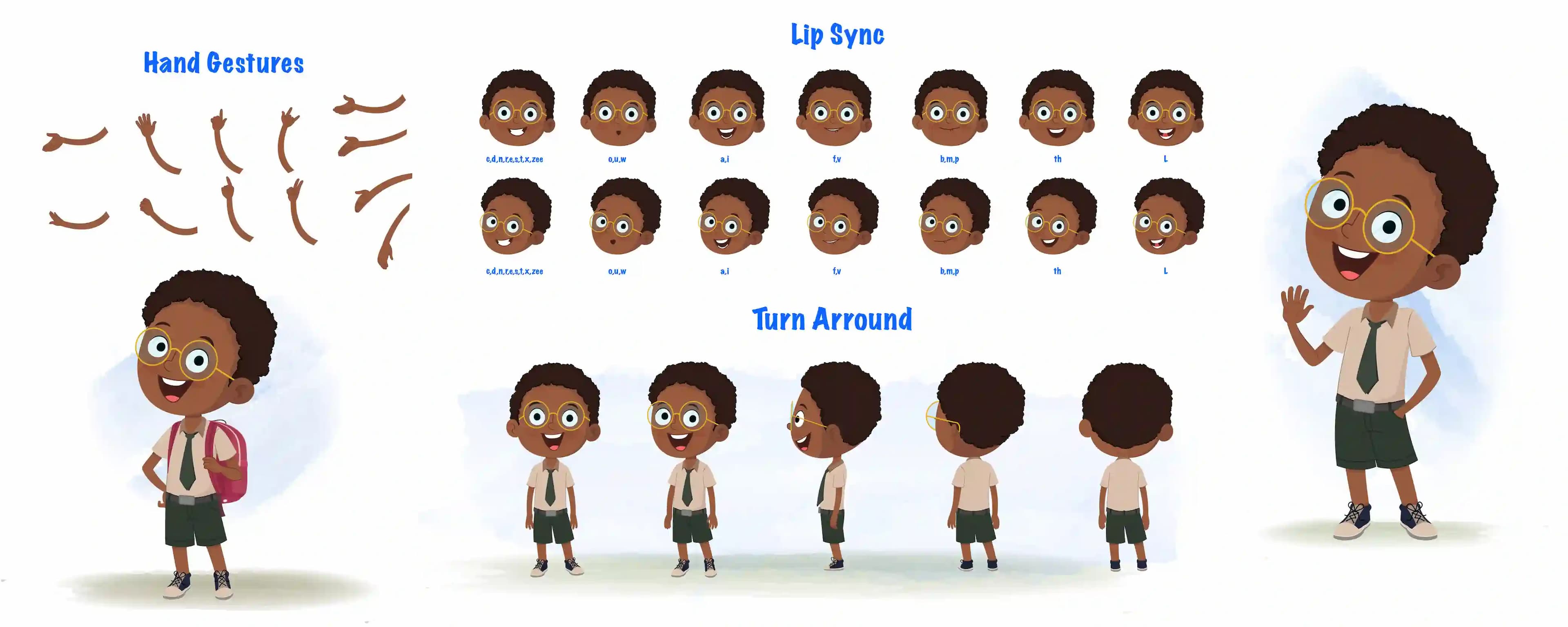 An african school cartoon character construction/model sheet aka shree