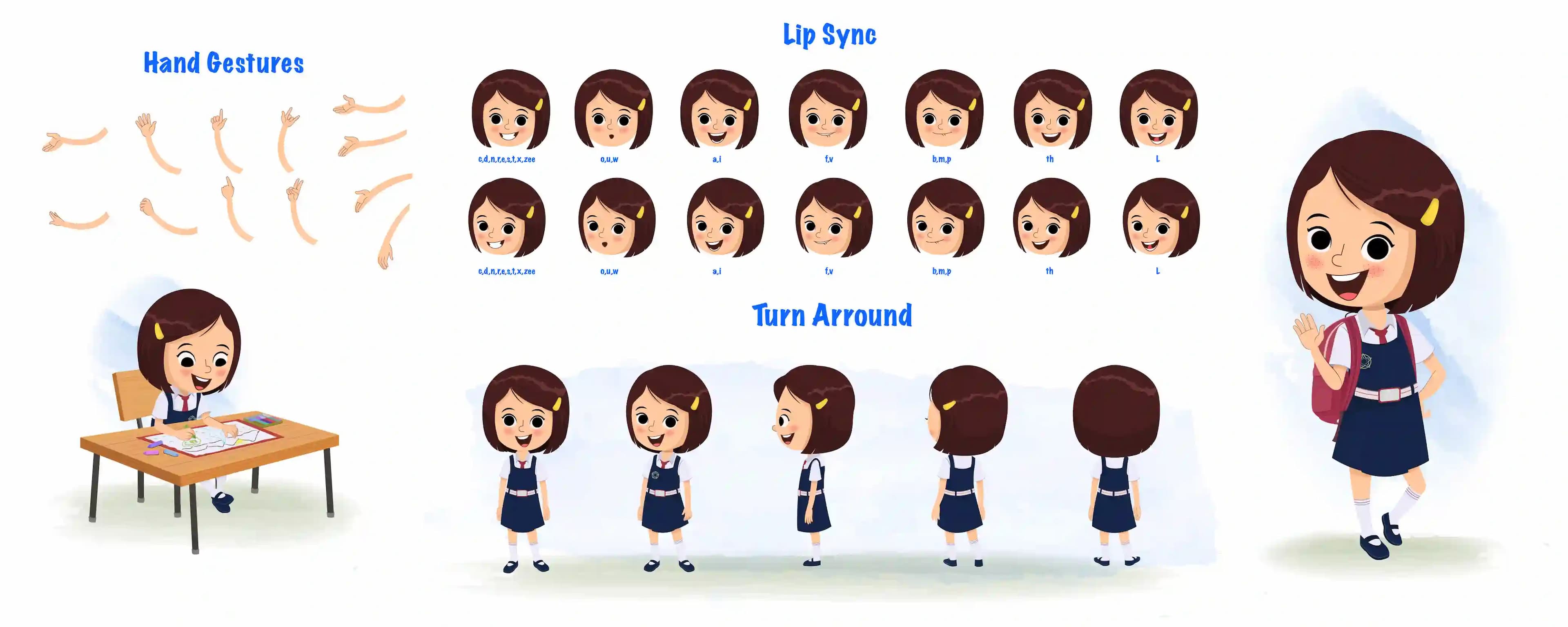 A little school girl cartoon character construction/model sheet aka misti