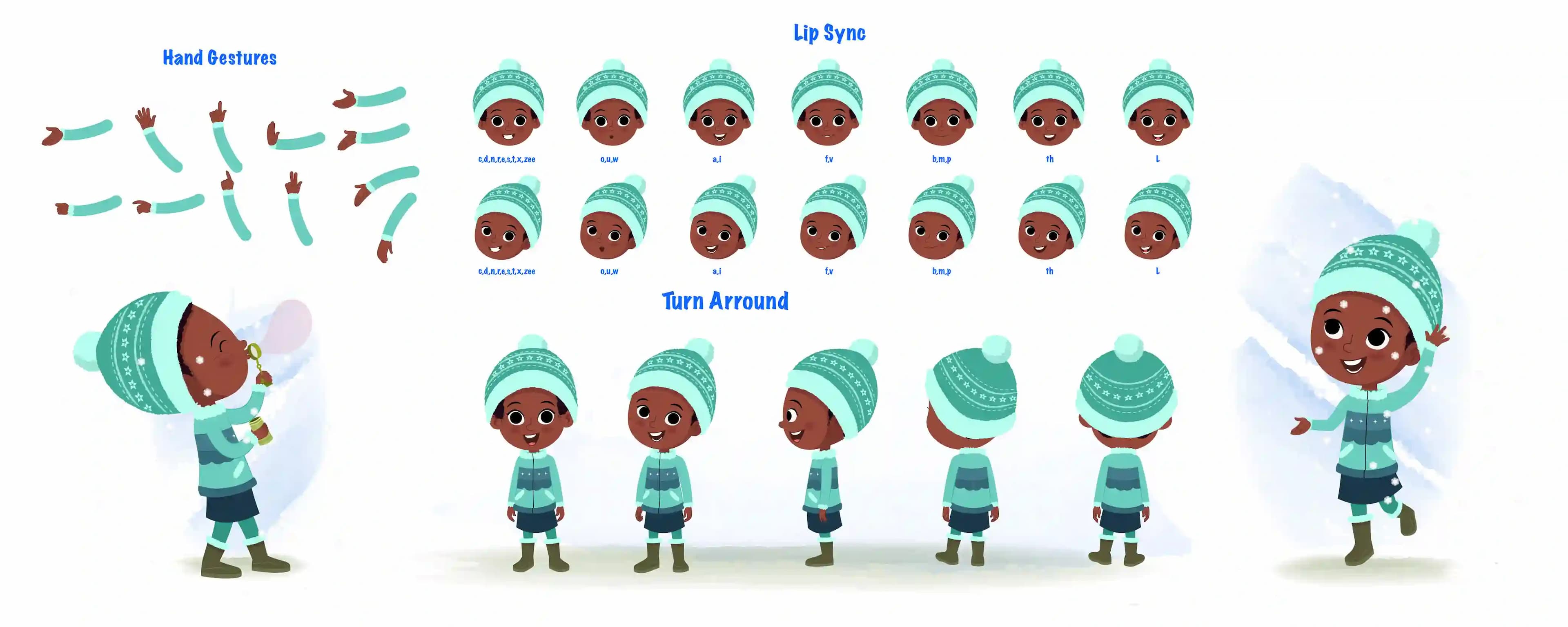A cute African girl cartoon character construction/model sheet aka kaya